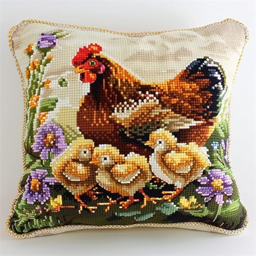 kitphoenix Kit de broderie au point de croix estampillé Coussin Poulet 45x45cmKit Point de Croix Imprimé Debutant DIY Ensemble de Broderie pour Adultes Motifs de Broderie Point de Croix Débutant