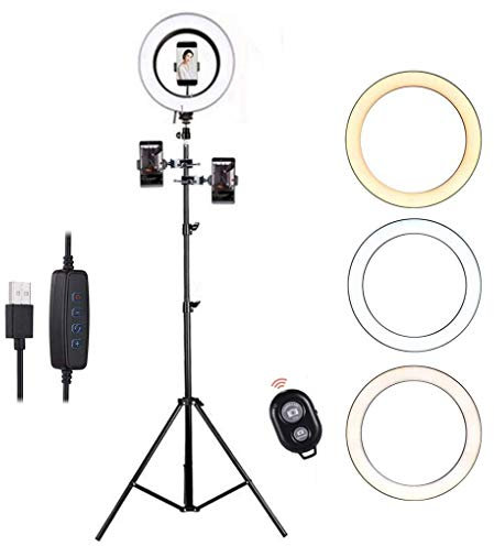Anneau Lumineux 10'' avec Support et Support de téléphone, kit d'éclairage annulaire LED pour Diffusion en Direct/Maquillage, 3 Modes d'éclairage, 10 Niveaux de luminosité, 10''