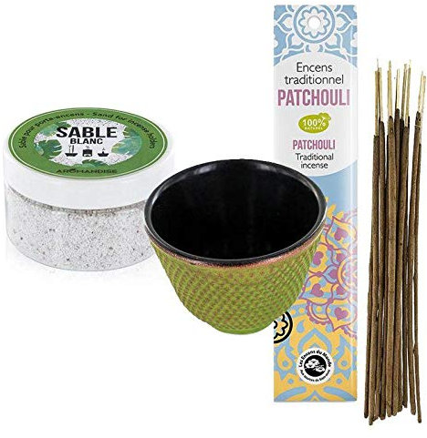 Porte-encens coupelle en Fonte Verte + Sable Blanc + Encens Indien au Patchouli