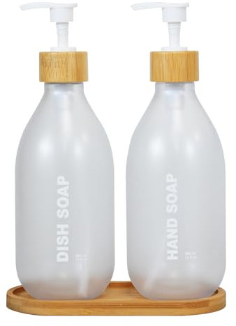 ILIKEPOW Seifenspender Set,500 ml Spülmittelspender mit Bambus Tablett, Shampoo,Spülmittel Lotion Handseifenspender Kunststoff für Küche, Badezimmer,Transparentes