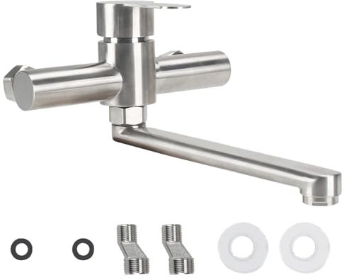Minnhua Grifo Cocina Giratorio 360°Pared Grifo de Pared Grifo Pared Cocina Grifo de Cocina de Pared Grifo Mezclador Frío y Caliente Grifo de Fregadero con Brazo Giratorio de 25cm de Largo