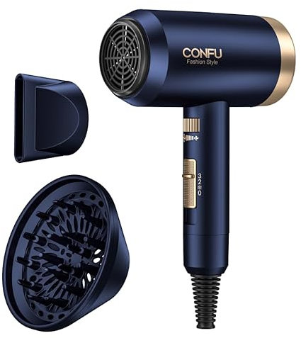 CONFU 1800W Hair Dryer, Ionic Hair Blow Dryer, Lightweight Hair Dryers with Cool Shot Button & Diffuser & Concentrator for Travel Salon Home Use, Dark Blue (Blue)