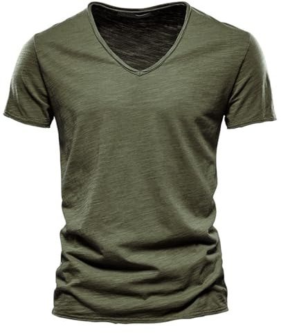 Camiseta de manga corta con cuello en V para hombre, informal, lisa, de verano, básica, Verde Oscuro, XXL