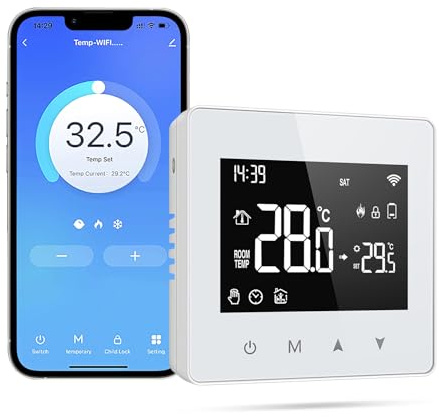 Tuya Thermostat Connecté Thermostat Chaudiere Gaz, Thermostat Programmable Intelligent WiFi avec Écran LED Tactile,Compatible avec Alexa et Google HomeCommande Vocale et Distance,3A,Mural (A)