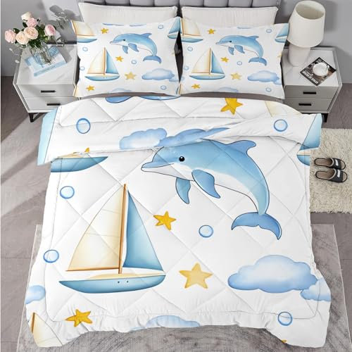 buyluhn Piumino completo con delfino, reversibile, per tutte le stagioni, per letto matrimoniale, 7,5 tog, lavabile in lavatrice, per letto matrimoniale, estate e inverno, leggero, 2 federe