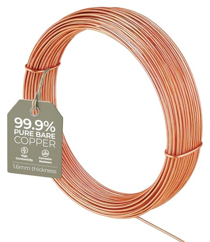 Bare Copper Craft Wire - 1.6mm 14 Gauge 5m, ​Wire for Sculpting, Craft Floral Making, Jewellery Making, Wire Weaving and Wrapping, Electroculture Copper Wire, 99.9% Pure Copper Wire
