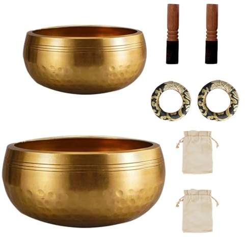 Juego De Cuencos Tibetanos,Con Varilla De Piel De Oveja,Arandela y Bolsa De Almacenamiento,Martillado a Mano,13cm y 8cm Cada Uno,Para Meditación,Yoga y Chakras,Un Regalo Único Para Mujeres y Hombres