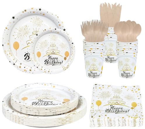 Anstore Set di stoviglie per feste di compleanno, 200 piatti e posate con forchette, coltelli, cucchiai, tovaglioli, piatti, tazze, per 25 ospiti, posate da festa, in oro bianco, piatto di carta per
