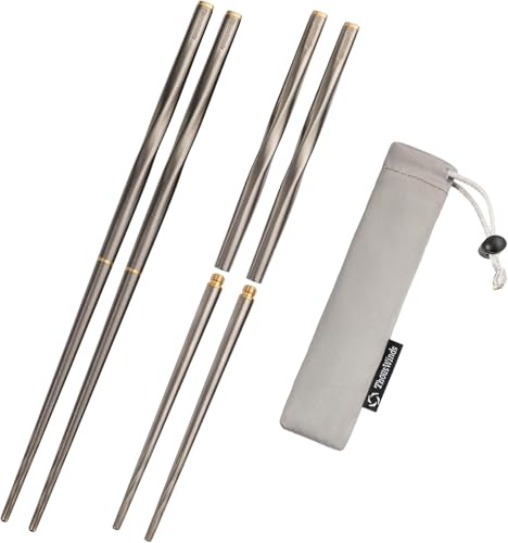 Thous Winds Essstäbchen Wiederverwendbar, 2 Paare Faltbare Essstäbchen Camping, Premium Tragbare Titan Essstäbchen Set Spülmaschinenfest, Klappbare Rutschfest Metall Stäbchen mit Stasche