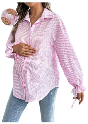 MakeMeChic Women's Maternity Blouse Spring Striped Long Sleeve Pregnancy Button Down Shirts Light Pink Small