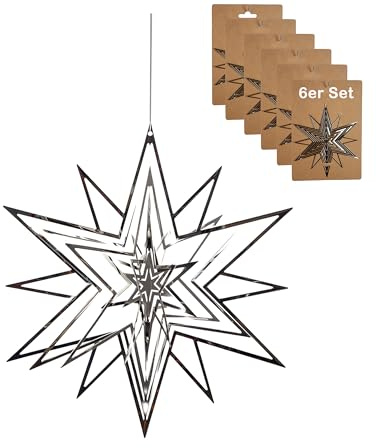 CULT at home Deko Sterne zum Aufhängen - 6 Stück 3D Sterne Deko klein 7 x 7 cm Metall Silber – Stern für Fenster Spiegeleffekt – Fensterschmuck hängend