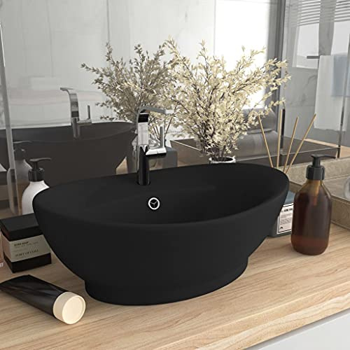 Lavabo da Appoggio in Ceramica Nero Opaco, Design Ovale con Troppopieno, Per Bagno Moderno o Vanity, 58.5 x 39 cm