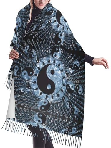 Elégant Ying Yang Diagramme Imprimer Cachemire Frange Foulard - Châle Automne Hiver pour Femme Léger Accessoire Voyage, Diagramme Ying Yang, taille unique