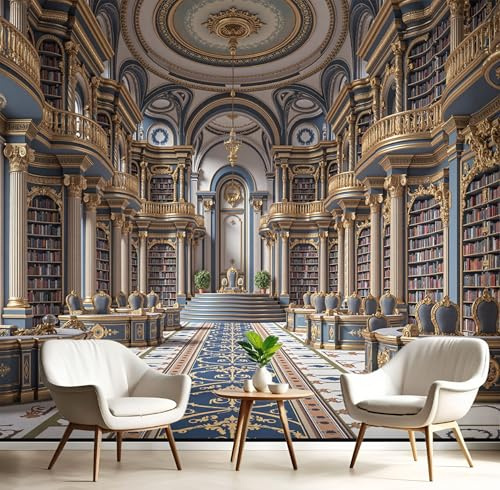Papel Pintado 3D Clásica Biblioteca 98×70cm Fotomurales Tejido No Tejido, Azul Papel Tapiz Grande Murales Fotográfico Estantería Barroca Decoración de Paredes