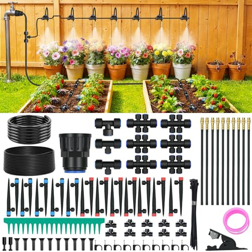 230FT Drip Irrigation Kit with Quick Connect PE Tubing, Automatic Garden Watering Sprinkler System, 2026 Upgraded Water-Saving Design with 3 Adjustable Misting Emitters, Greenhouse & Raised Bed