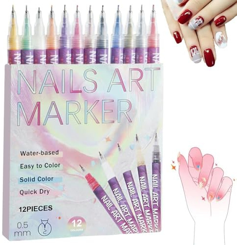 12 Colors Nail Art Pens Set, Quick Dry 3D Gel Nails art pen for Graffiti, Professional Fine Tip Nail Arts Marker, 2025 Upgrade Nail Art Markers for Gel Nails, Dotting, Liner Painting, DIY Nail