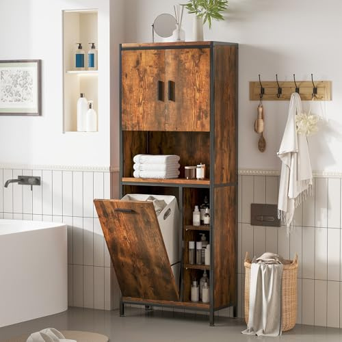 ELUCHANG Badezimmerschrank mit Wäschekorb,Waschmaschinen Schrank 2 in 1,Platzsparender Hochschrank mit Tür Badschrank Für Badezimmer/Waschküche/Schlafzimmer, Schwarz+Vintage,63x30x162cm
