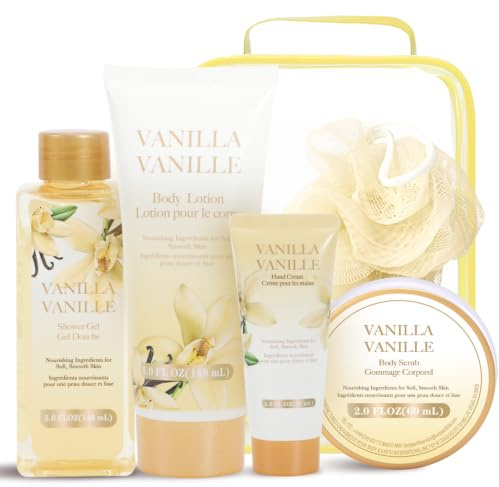 SPA LUXETIQUE Set regalo da bagno per donne, set per la cura della pelle al profumo di vaniglia, con 6 sacchetti di tensione in formato da viaggio, gel doccia, lozione per il corpo, bagno schiumoso