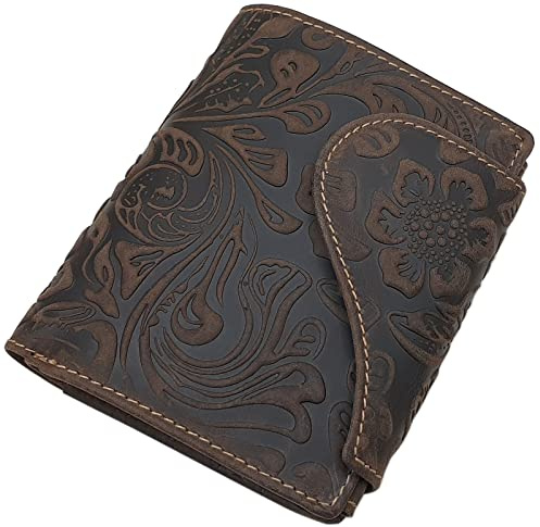 Leder Damen Hochformat Geldbörse/Geldbeutel/Portemonnaie/Portmonaise mit wunderschönem Lianen Muster in Hoch Tief Prägung mit Außenriegel mit RFID & NFC Schutz inkl. Nähset (Braun)