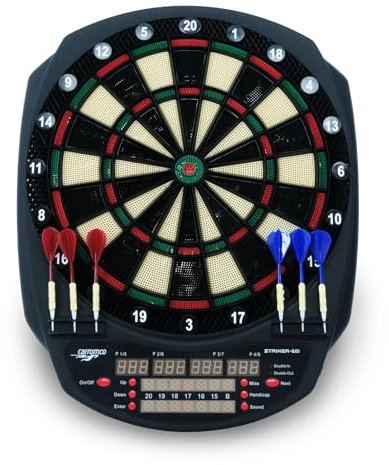 Carromco Elektronische Dartscheibe STRIKER-601 – Softdartboard mit 3-Loch Abstand für 1–8 Spieler, 36 Spiele & 585 Spielvarianten inkl. Cricket, Netzteil & 6 Softdarts, rot-grün