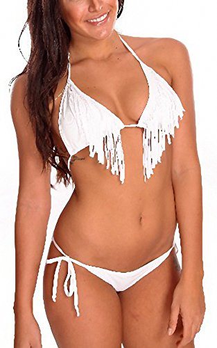 ToBeInStyle Women's White Triangle Fringe Bikini with Tie Side Bottom - M