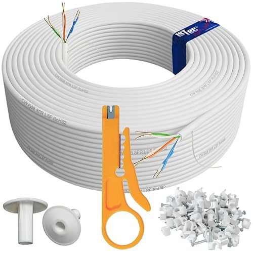 1STec 50m of Genuine BT CW1308 4 Core 2 Twisted Pair Telephone or FTTC Broadband Extension Wire + 2 Grommets + IDC Insertion Tool + 3.5mm Clips + Printed Colour Code Instructions (50 Metre, White)