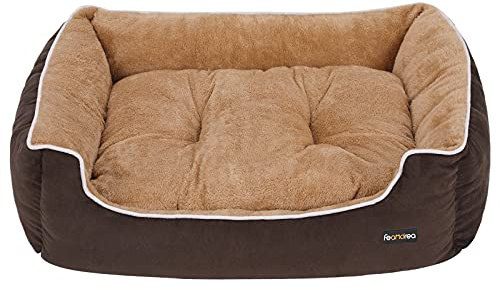 FEANDREA Cama para Perros, Sofá para Perros, Cesta para Perro, con Cojín Extraíble, 90 x 75 x 25 cm, Marrón y Beige PGW06YC