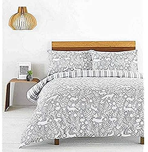 Grey Cotton Duvet Cover Set with Skandi Woodland Design by Furn