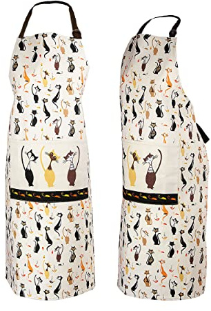 SPOTTED DOG GIFT COMPANY Kochschürze Damen, Küchenschürze mit 100% Baumwolle, Schürze Katzen Verstellbar mit Tasche, Küchenzubehör und Geschenk für Katzenliebhaber Frauen Männer