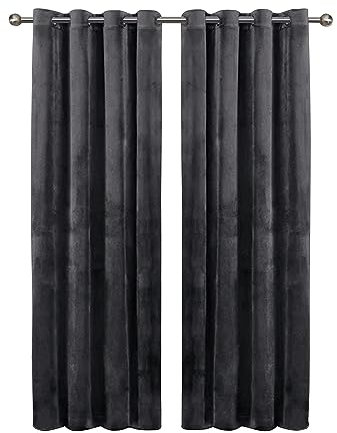 Aspire Homeware Charcoal Eyelet Curtains 46x54 (2 Panels) with Tie Backs - Fully Lined Velvet Curtains for Bedroom, Window Curtain for Living Room (116cm x 137cm)
