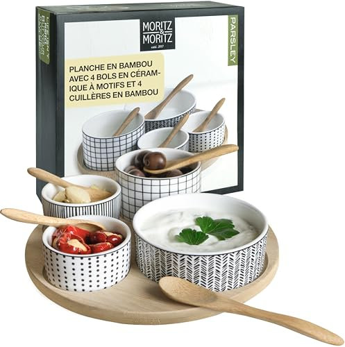 Moritz & Moritz Juego de Servir Parsley de 9 Piezas - Cuencos de Ceramica, Bandeja de Pizarra Cucharas de Bambu - Para Salsas Snacks Entrantes Postres