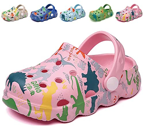 Kids Clogs Mules for Girls Boys Lightweight Garden Shoes Toddler Dinosaur Slip-on Beach Pool Shower Sandals Surf Clogs for Children Pink UK 11.5/12（Label Size 190mm）