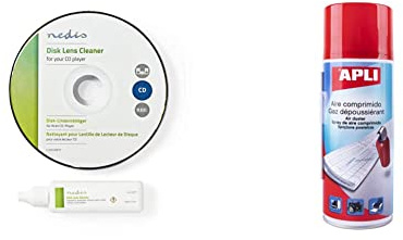 Nedis Limpiador De Lector De Discos Cd 20 Ml + Apli 11307 - Aire Comprimido Para La Limpieza En Seco 400 Ml. Ideal Para Teclados, Ordenadores Y Dispositivos Electrónicos