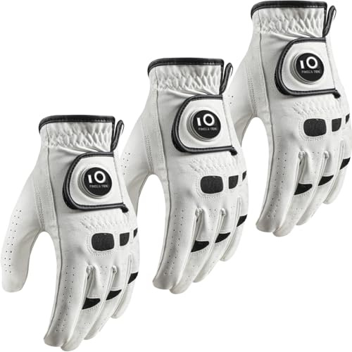 FINGER TEN Gants De Golf Homme Main Droite Gauche Cuir avec Marqueur de Balle Mode Lot de 3, Gant De Golf Hommes Blanc Sports Respirants Cadeaux Golf