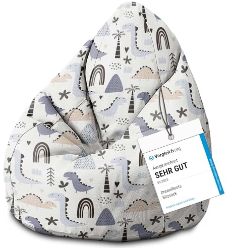 DreamRoots Sitzsack Kinder 70x70x105, Pastel Kids Dinosaur | Bean Bag Kinder mit Lehne, Hocker & Bezug, Sitzkissen Boden, Bubibag, mit Füllung, Kinderzimmer