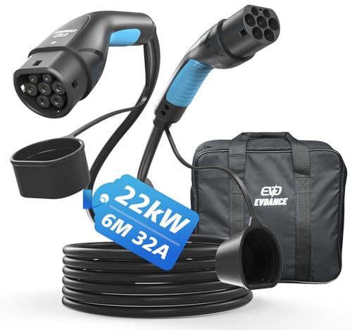 EVDANCE Cable Recharge Voiture Electrique Type 2 (22KW, 32A, 6m) Cable Type 2 Triphasé Chargeur Voiture Electrique Recharge Rapide Compatible avec EV/PHEV IEC62196-2