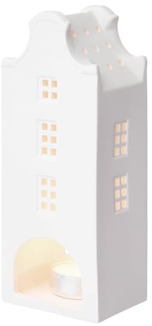 BUTLERS Teelichthaus Porzellan - Amsterdam - Grachtenhaus | Farbe Weiß - 5x7x19 cm - Lichthaus für Teelichter & Kerzen - Windlicht für Fensterbank & Sideboard