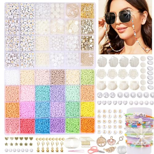 Perlen für Armbänder,3mm Perlen zum Auffädeln,13000+ Perlen Set für Armbänder, Freundschaftsarmbänder Selber Machen,Schmuck Selber Machen Set,Buchstabenperlen Weiße Perlen Set,Kette Selber Machen
