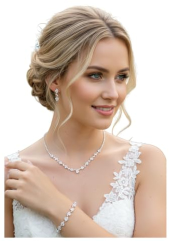 ONDEGO® 3er Set SILBER GLITZER Strass Schmuck Kette Schmuckset Armband Hochzeit Collier Halskette Brautschmuck Kommunion Ball Abiball