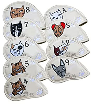 SkyjOy Copri Mazza 9 Pezzi Portatile da Golf Club copriletto Carino Gatto Modello PU. Impermeabile Fairway Hybrid Putter Cover Set Vintage Coprimazze (Color : White)