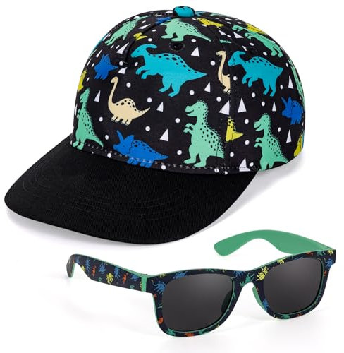 BTHRORO Baseballkappe für Jungen Kinder Sonnenbrille Set, Dinosaurier Basecap Sonnenhut UV Schutz Sommerhut Verstellbar Snapback Cap Sonnenbrillen für Jungen Kinder Geschenk Sommer Accessoires