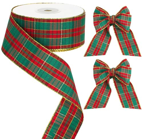 jijAcraft Weihnachtsband 40mm Breit, Rot und Grün Weihnachten Dekoband, Kariertes Band mit Goldkante, 22M Breit Geschenkband für Handwerk, Geschenkverpackungen und Weihnachtsbaum-Girlandendekoration