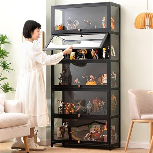 Pounjsd Glas Acryl vitrine, Kuriositätenschränke mit Glastüren, Vitrine für Sammlerstücke, 5-stufige Bücherregal, Wohnzimmerschrank, durchsichtige Vitrine für Wohnzimmer und Büro 80×32×172cm Schwarz