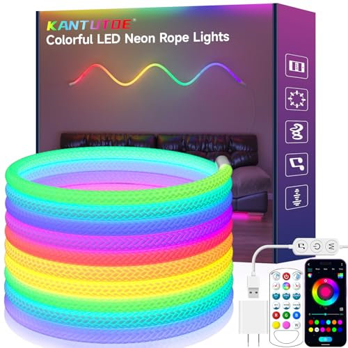 KANTUTOE Neon LED Lights Strip, 3m LED Rope Lights with Music Sync, 5V USB Flexible IP67 Waterproof Remote APP Control Gaming Neon Lights, Rope LED Lights for Bedroom Oudoor Décor