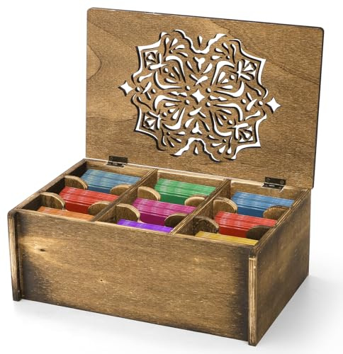 WRINGKIT Tea Bag Organizer Storage Box, Wood Tea Holder Box, 9 Compartments Teas Chest Containers with Floral Carved Lid for Assorted Spice Packets, Home Decor, Multi-Functional Storage Boxes