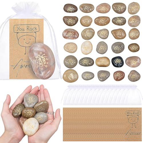 30 Sets Engraved Inspirational Stones, Sentimental Pebble Rocks Bulk with Cards and Organza Bags, Encouragement Polished Stones Gifts Decoration for Employee Teacher Nurse Coworker Friedns Students
