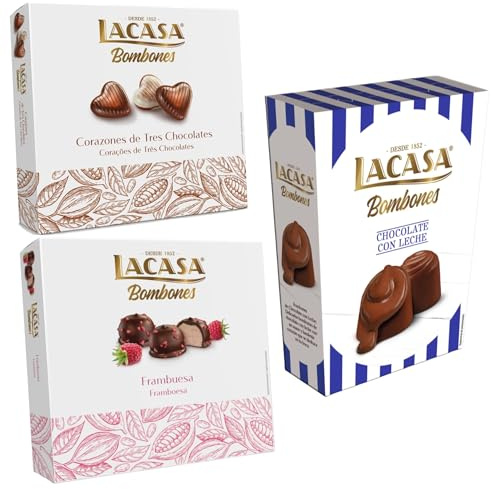 Pack Lacasa bombones chocolate con leche 72 G & bombones corazón tres chocolates 200 G & bombones frambuesa 200 g