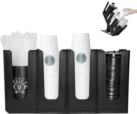 HEWASME Cup Holder Lid Dispenser with Straw Organizer,Disposable Coffee Cup Dispenser,Cup Storage Organizer for Breakroom Countertop Coffee Station Bar Restaurant