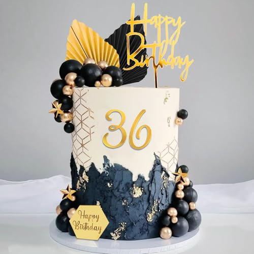 Decorazioni Torta Compleanno, 44 Pezzi Cake Topper, Nero-Oro Carta a Ventaglio e Palline Decorative, Torta Numero 0-9 Topper Torta Happy Birthday Deko per Adulti Bambini Feste a Tema, Anniversari