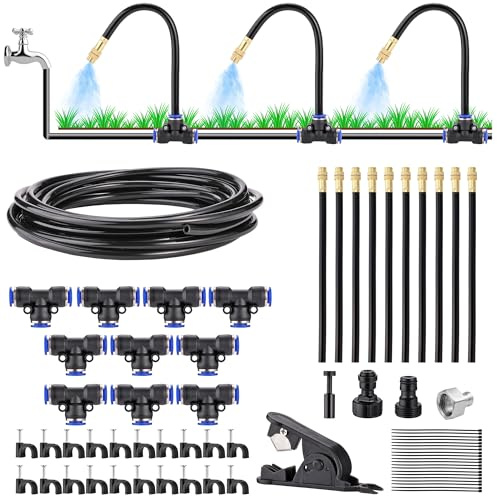 Automatic Drip Irrigation Kit 33FT(10m) - DIY Garden Watering System with 10Pcs 360° Adjustable Bendable Brass Mist Nozzles, Faucet Adapter, Hose & Cutters for Greenhouse Yard Cooling Humidifying